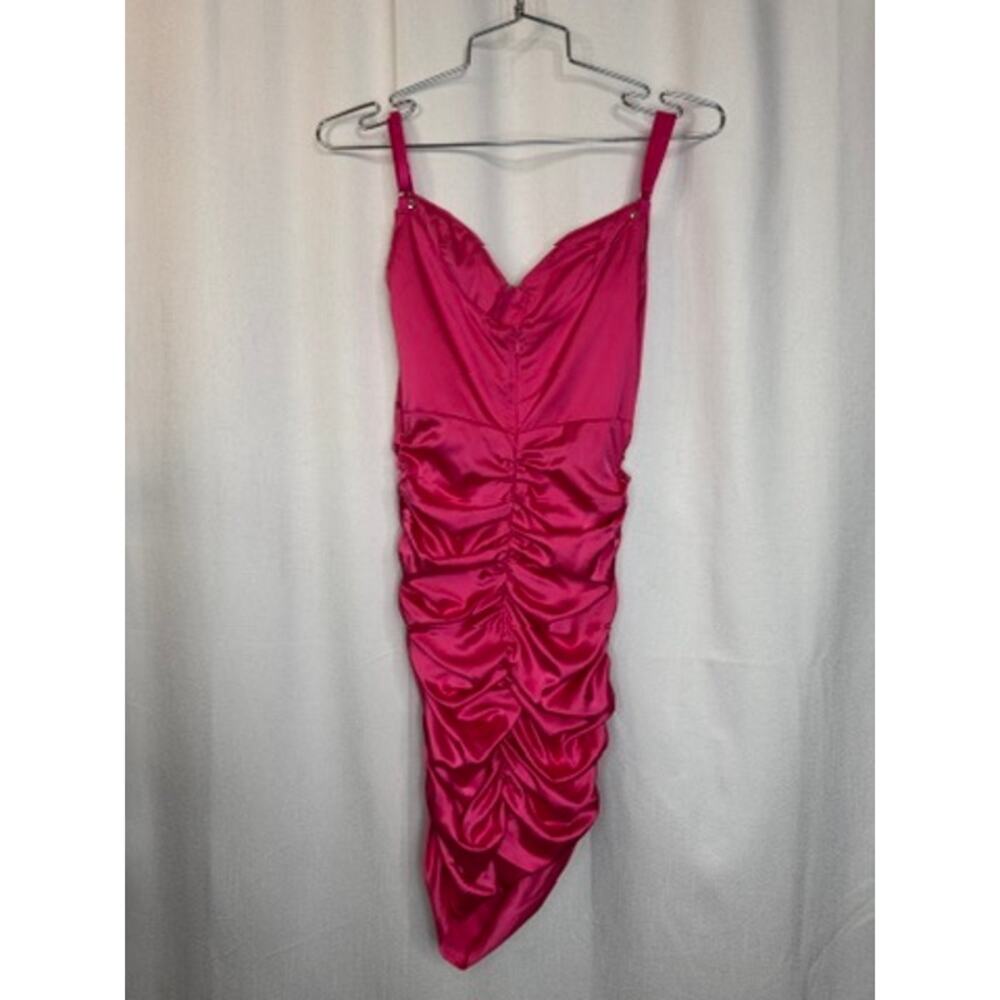 375. Sugar Thrillz Hot Pink Satin Ruched Bodycon Mini Dress Size XXS - Picture 6 of 9
